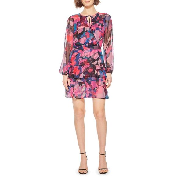 PARKER Dresses & Skirts - PARKER Womens Pink Ruffled Fitted Printed Tie Neck Mini Evening Sheath Dress 4